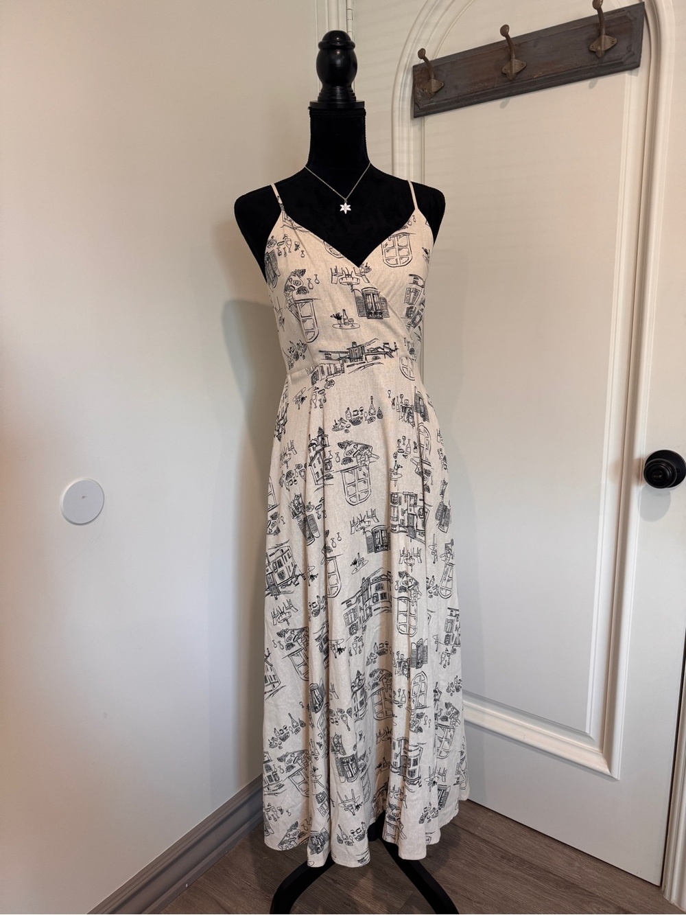 Cream Printed Spaghetti-Strap Maxi Dress with V-Neck